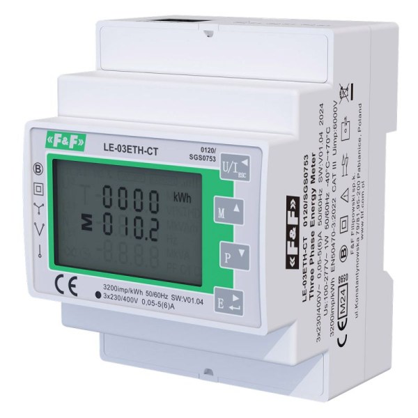LE-03ETH-CT: Misuratore energia Trifase. Display LCD retroilluminato. Misura semidiretta, bidirezionale, a quattro quadranti dei parametri elettrici e di rete, MID, Modbus TCP.