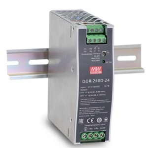 DDR-240B-24: Convertitore DC-DC ultra sottile industriale su guida DIN; ingresso 16.8-33.6Vdc; uscita singola 24Vdc a 15A