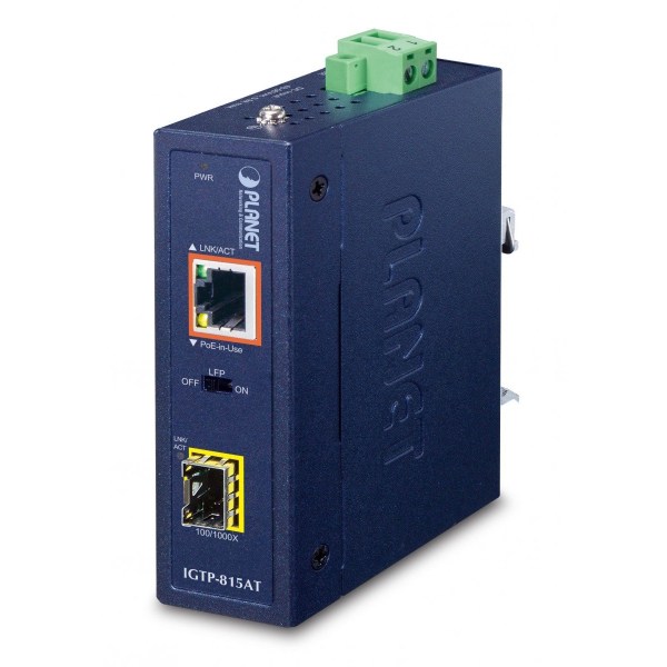 IGTP-815AT Industrial Compact 100/1000BASE-X to 10/100/1000BASE-T 802.3at PoE+ Media Converter