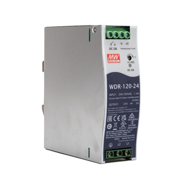 WDR-120-24: AC/DC Slim DIN RAIL 120W 24Vdc 5A Wide Input range 180-550Vac