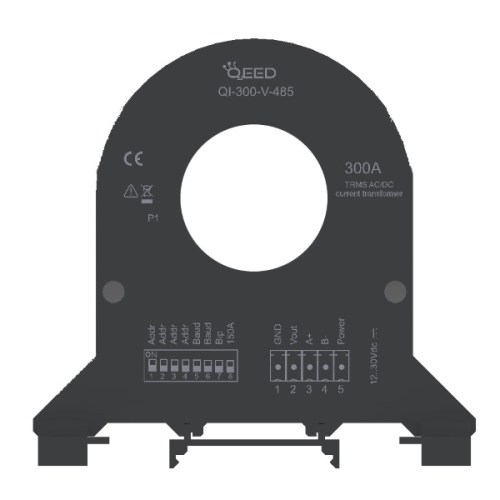 QI-300-V-485: Trasformatore Amperometrico TRMS AC/DC, 300A, Uscita 0-10V e RS485 Modbus